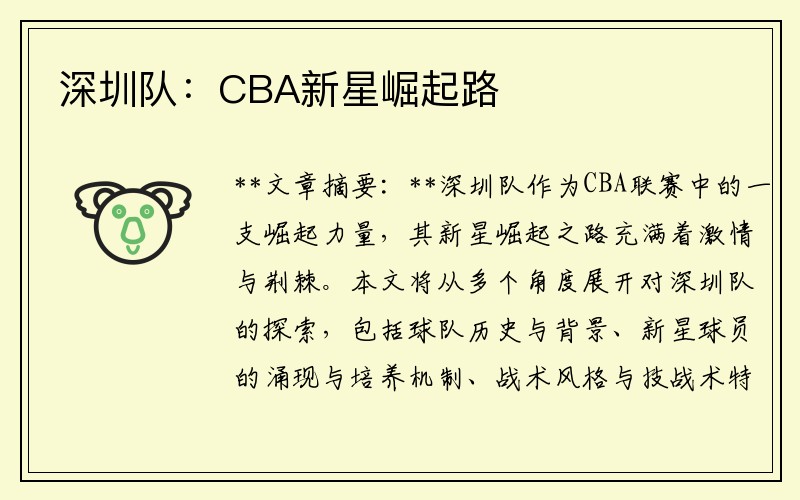 深圳队：CBA新星崛起路