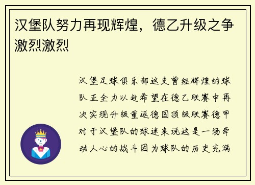 汉堡队努力再现辉煌，德乙升级之争激烈激烈