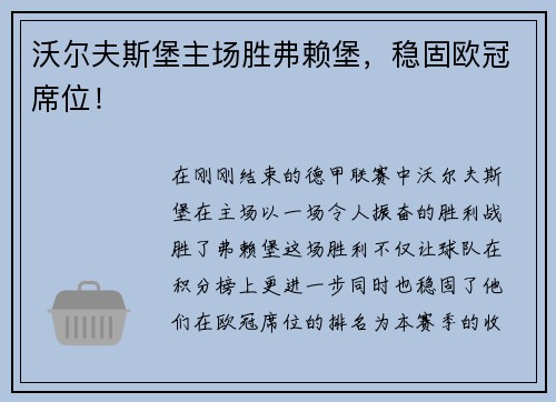 沃尔夫斯堡主场胜弗赖堡，稳固欧冠席位！